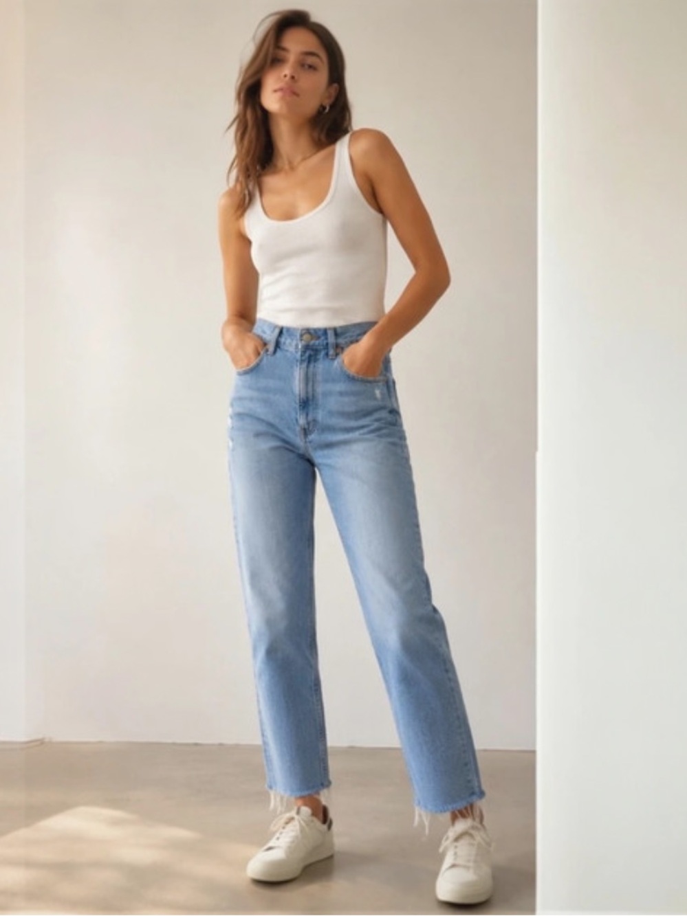 Abercrombie & Fitch Ultra High Rise Ankle Straight Jeans Distressed Raw Hem